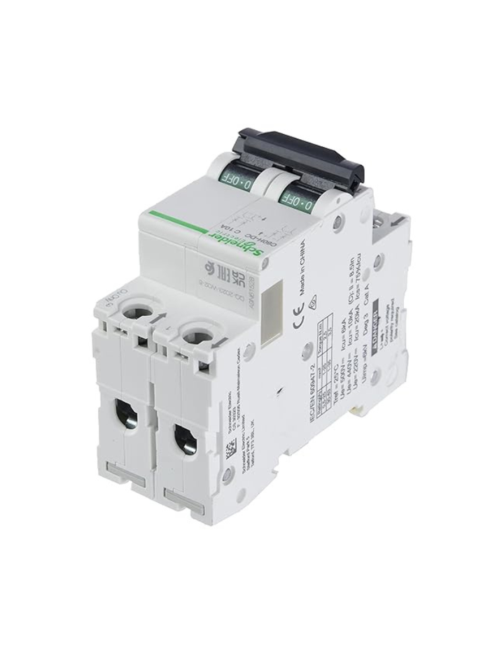 SCHNEIDER ELECTRIC A9N61528 Thermal Magnetic Circuit Breaker, C Curve, Multi 9 C60H-DC Series, 10 A, 2 Pole, 500 V