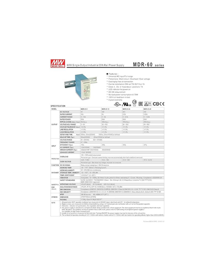 Mean Well MDR-60-48 AC to DC DIN-Rail Power Supply 48V 1.25 Amp 60W
