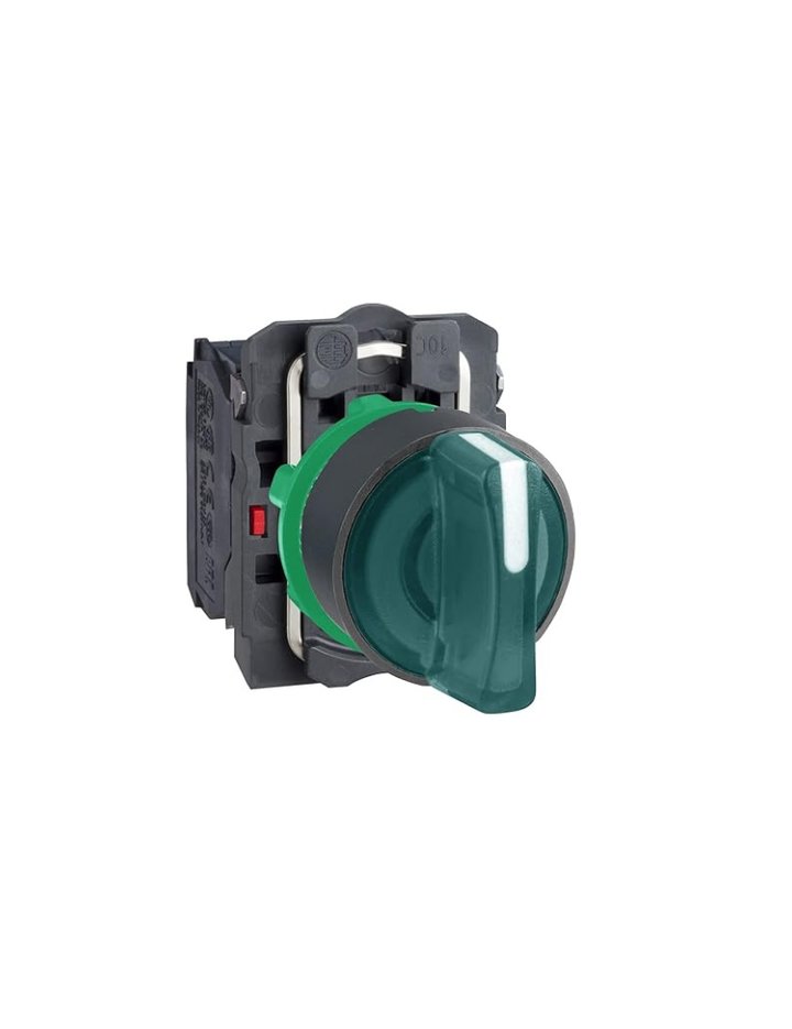 Schneider Electric, ill selector switch, Harmony XB5N/XB7N, plastic, green, 22mm, short handle, 3 position, spring return middle, 24V ACDC 2 NO, XB5AK153B3N