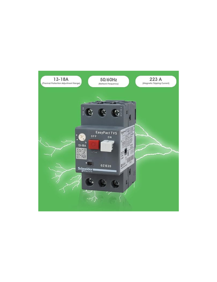Schneider Electric GZ1E20 Motor Circuit Breaker 3 Poles Thermal-magnetic Trip Unit with Push Button Control Offers Reliable Protection (13-18A), Grey