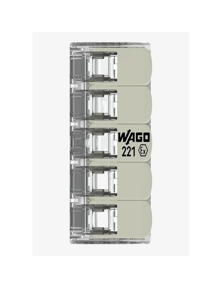 221-485 | WAGO 5-Conductor with Operating levers | 24-12 AWG | Transparent housing | [Box of 25 Pieces]