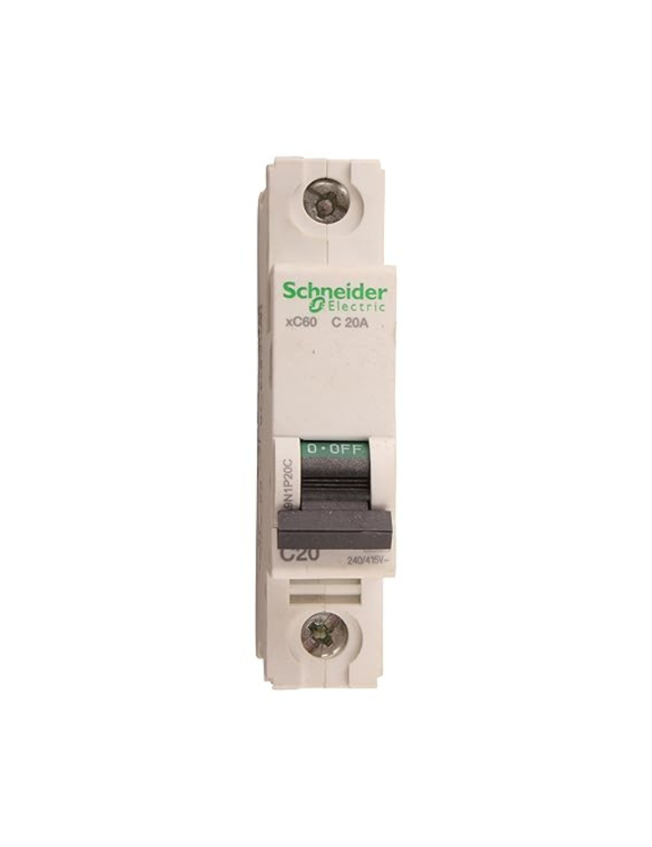 Schneider Electric Acti9 MCB A9N1P20C, 20Amp 1 Pole MCB, C Curve, 10000A (10kA) White Color Miniature Circuit Breaker