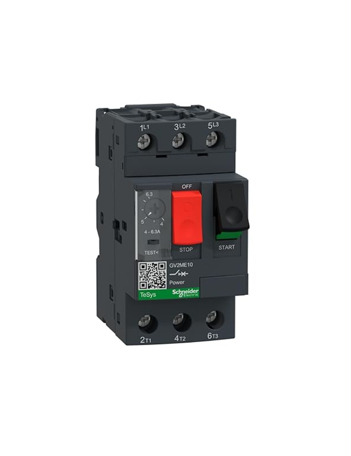 Schneider Electric TeSys GV2 - Motor Circuit Breaker, 3 Pole, 4-6.3A, Push Button, Thermal Magnetic, Screw Clamp Terminals, GV2ME10 MPCB