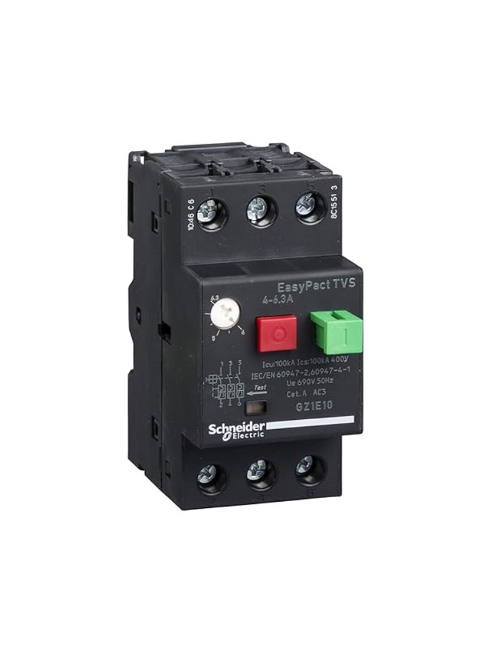 Schneider Motor Circuit Breaker GZ1-3 Poles 3D Range(4A to 6.3A) thermomagnetic Trip Unit Push Button control GZ1E10