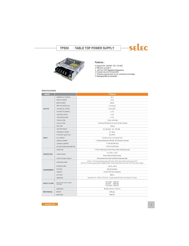 50 W, 24 V / 2.2 A Table Top Power Supply in Metal Body SELEC TPS50-24