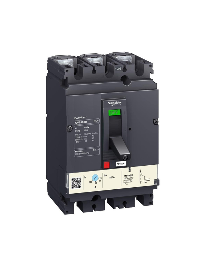 Schneider Electric LV510307 MCCB, CVS100B, 100A, 25kA, TM100D 3P3D MOULDED CASE CIRCUIT BREAKER