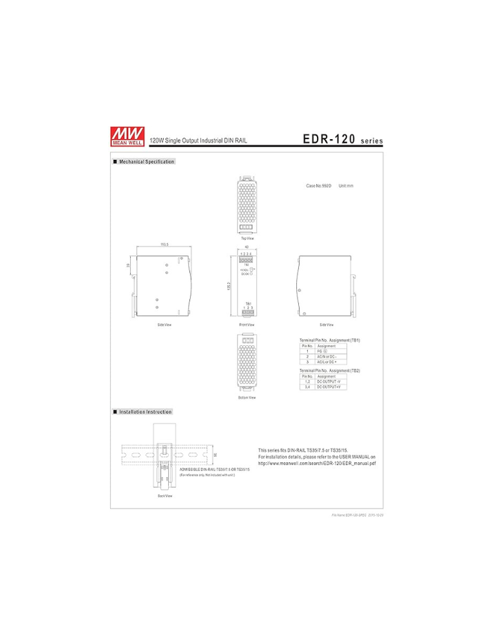 MW Mean Well EDR-120-48 48V 2.5A 120W Single Output Industrial DIN Rail Power Supply