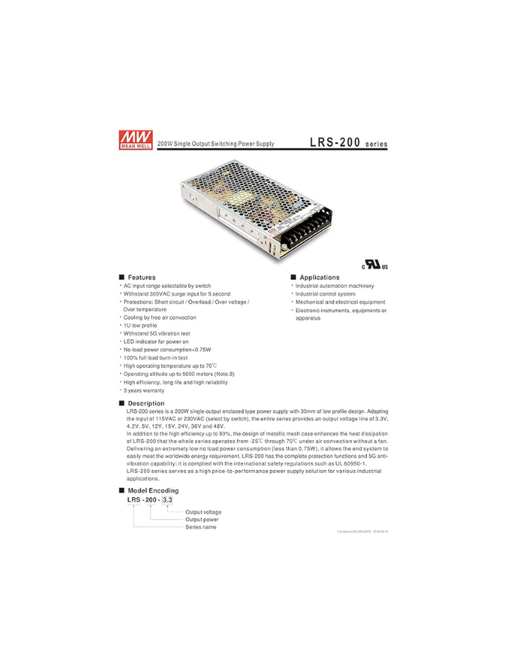 MEAN WELL LRS-200-48 LRS-200 Series 200 W Single Output 48 V Enclosed Switching Power Supply - 1 item(s)