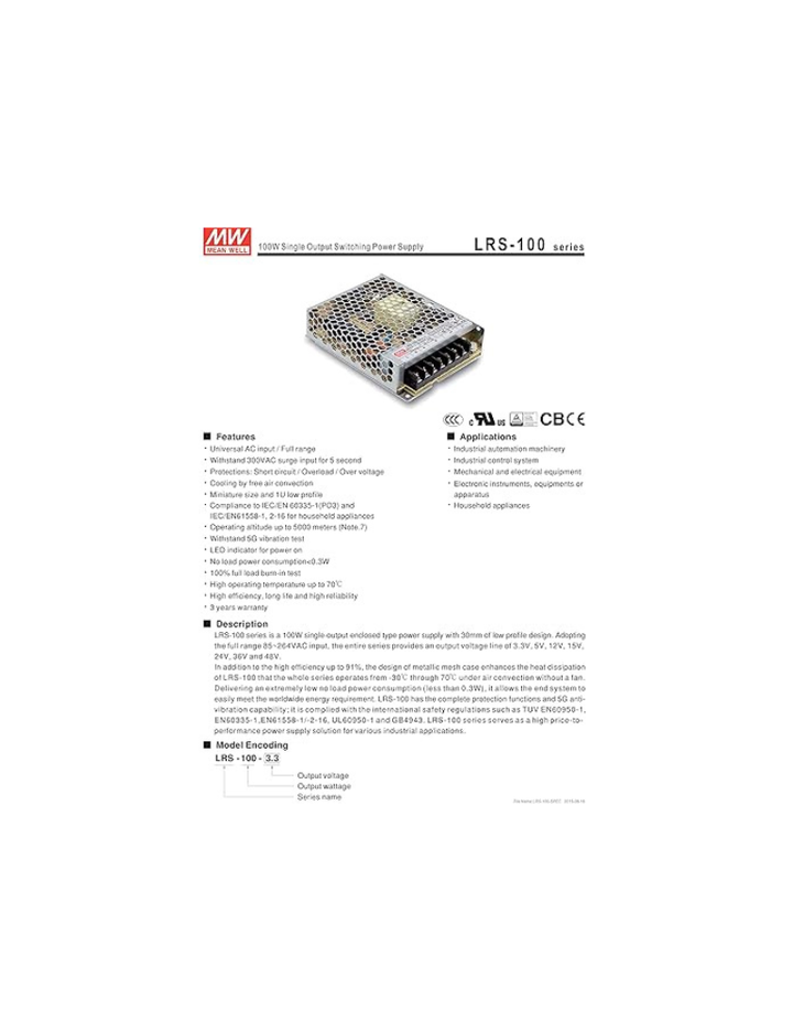 MW Mean Well LRS-100-15 15V 7A Enclosed-LRS Switching Power Supplies