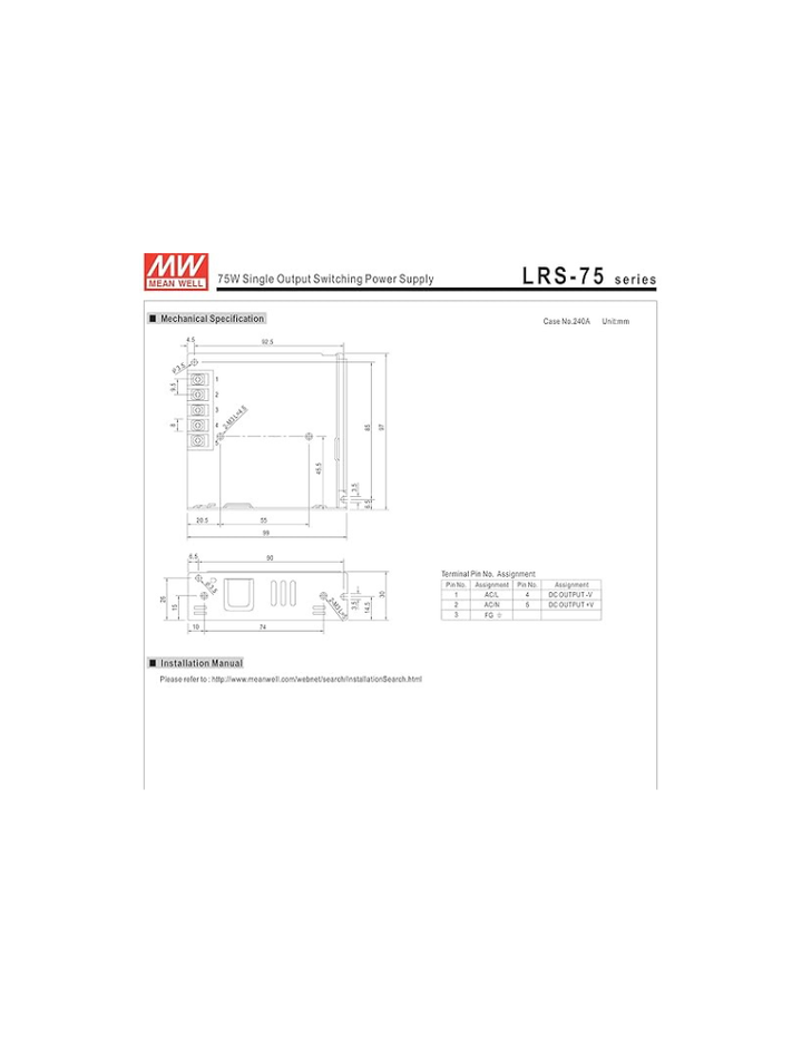 MW Mean Well LRS-75-5 5V 14A Enclosed-LRS Switching Power Supplies