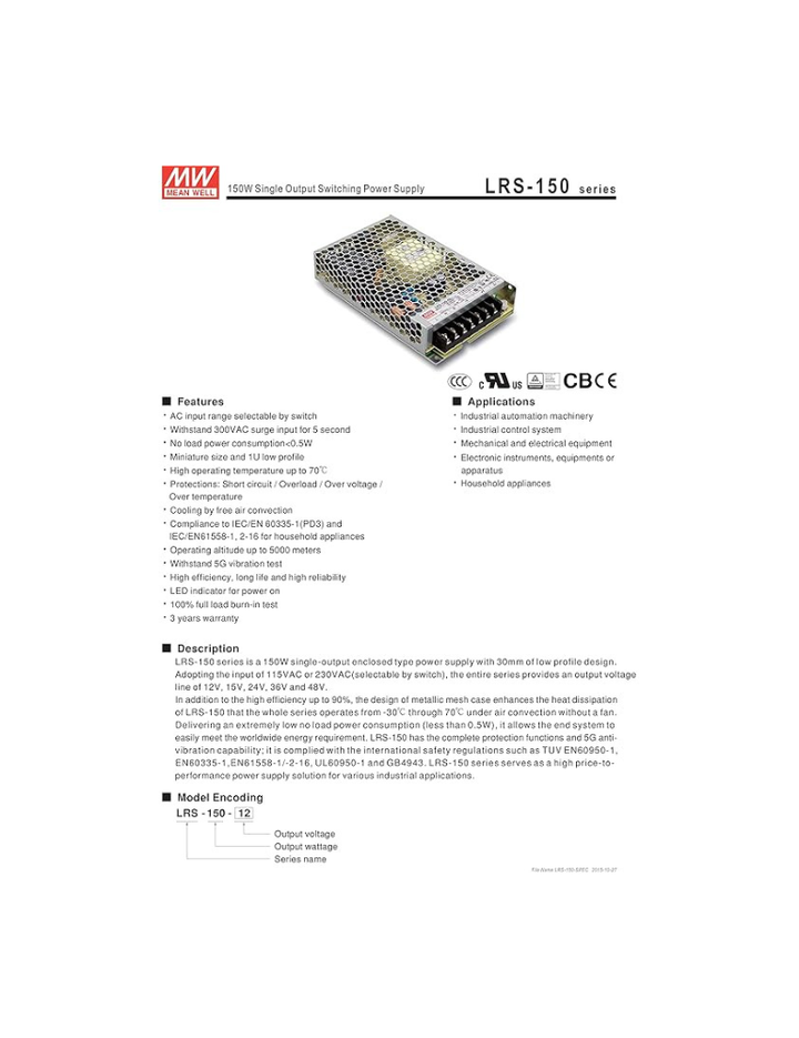 MEAN WELL Mw Mean Well Lrs-150-48 48v 3.3a 150w Single Output Switching Power Supply