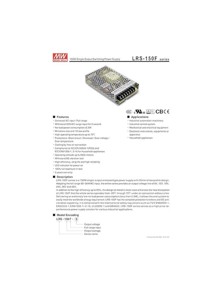 Meanwell 150W Single Output Switching Power Supply, 22A, AC, TUV, UL, EN, GB Compliant, Chassis Mount, LRS150F5