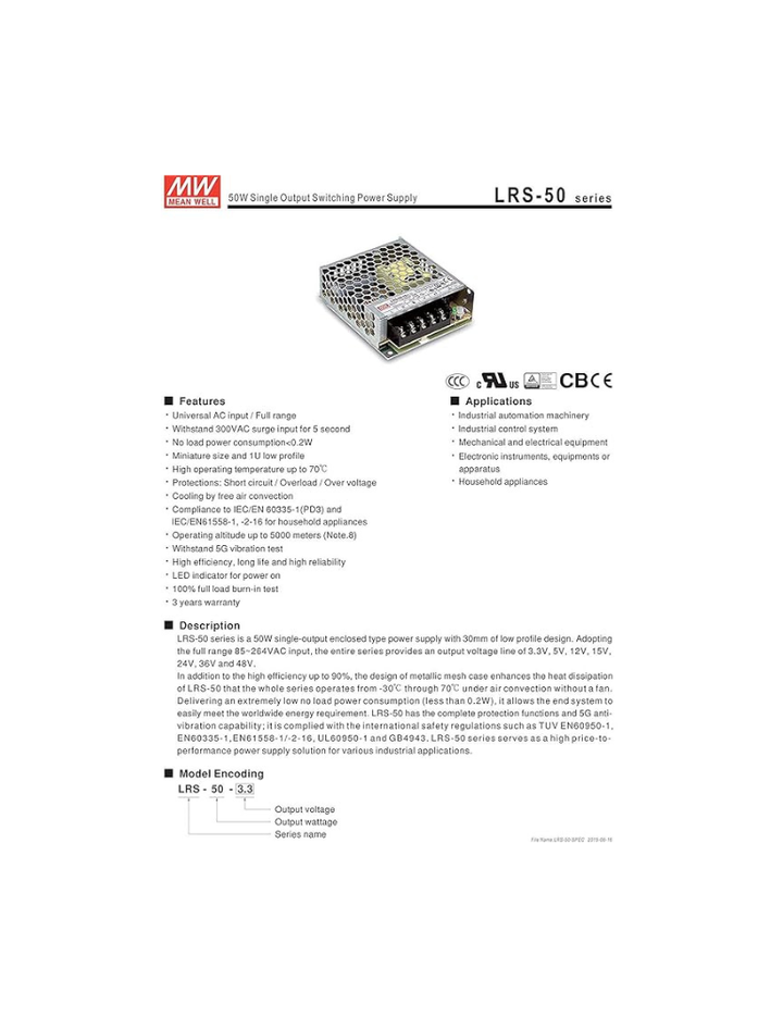 Meanwell 50W 3.4A 15V Industrial Power Supply