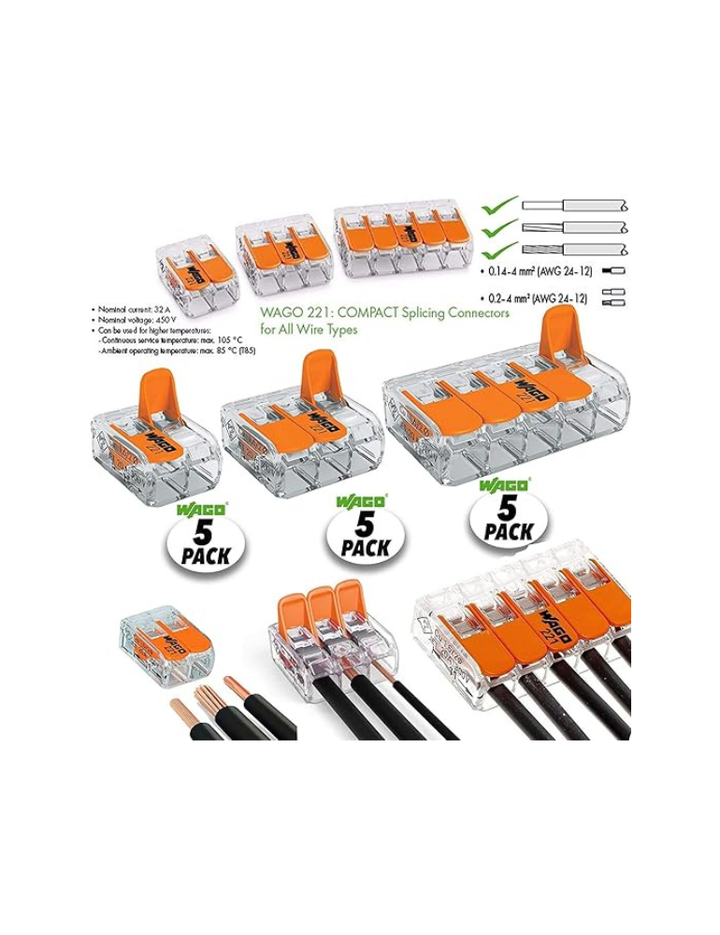 Wago 221 Pocket Pack, 65 Contacts, 5 Poles, 10 Positions, 12-24 AWG, 32A, 450V DC