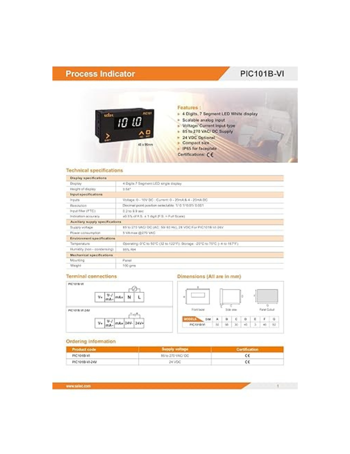 Process Indicator, VI Input, 48X96 mm SELEC PIC101B-VI (Same as pic 101A-VI But In White Display)