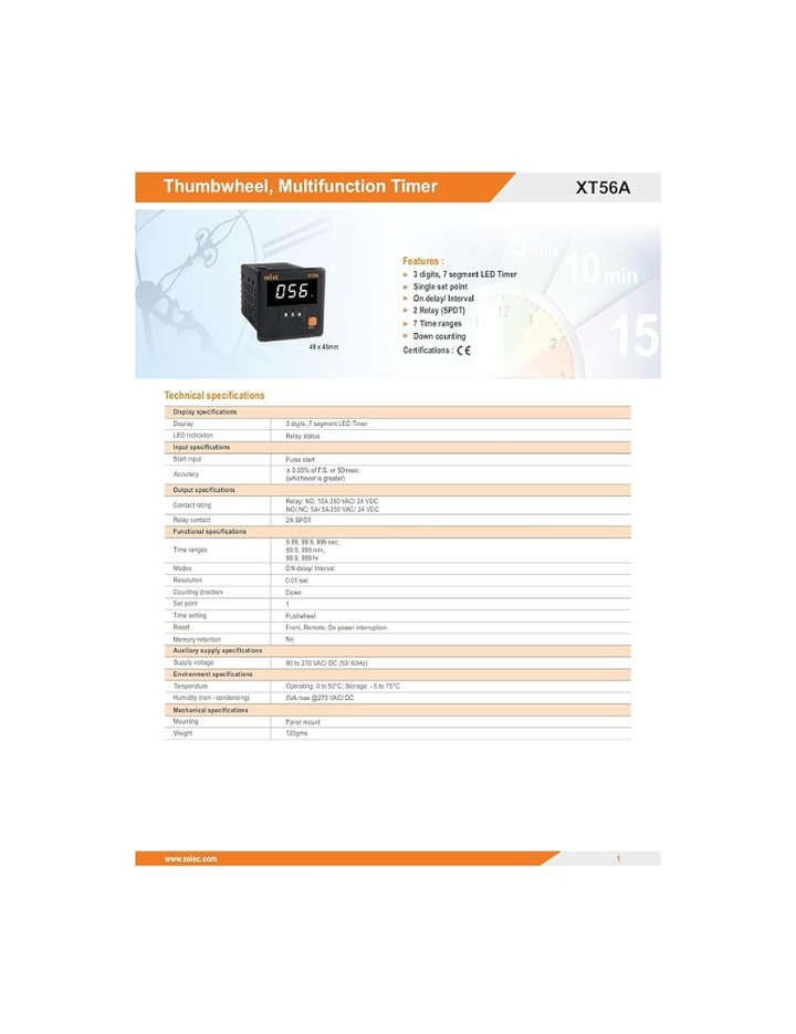 Thumbwheel Timer with On delay/Interval Function, 48x48 mm SELEC XT56A (White Display & Short Depth)(Same as XT56-N)