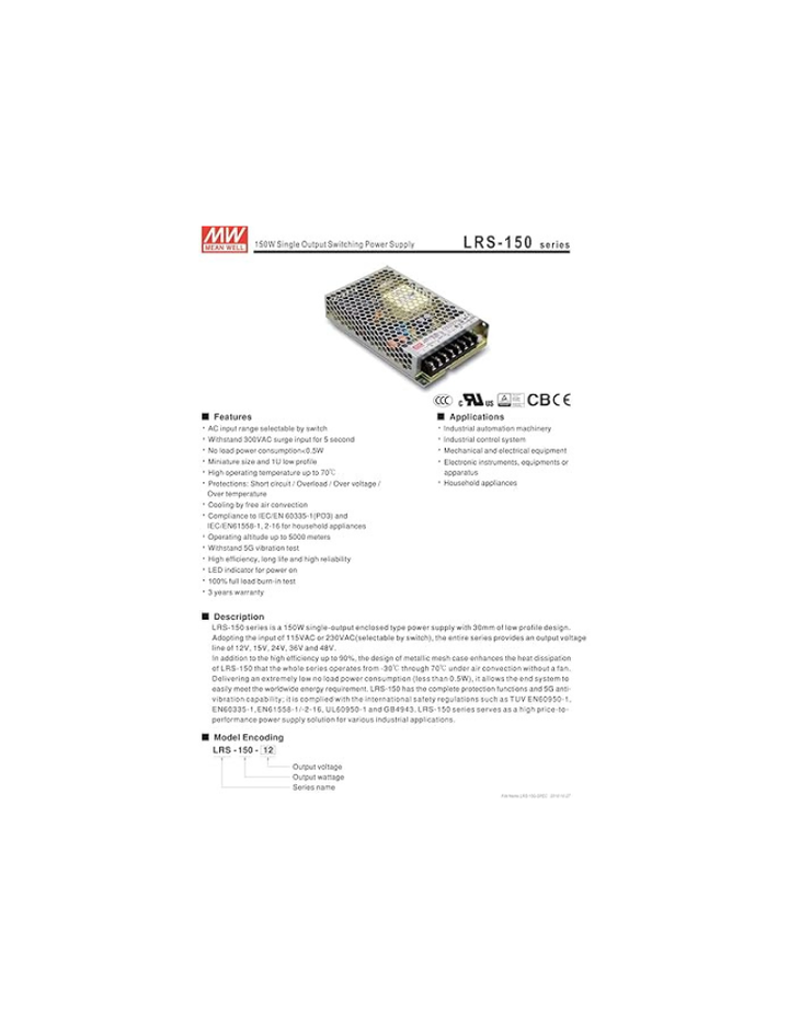 Mean Well LRS-150-24 Switching Power Supply, Single Output, 24V, 6.5A, 156W, 6.26" L x 3.82" W x 1.18" H