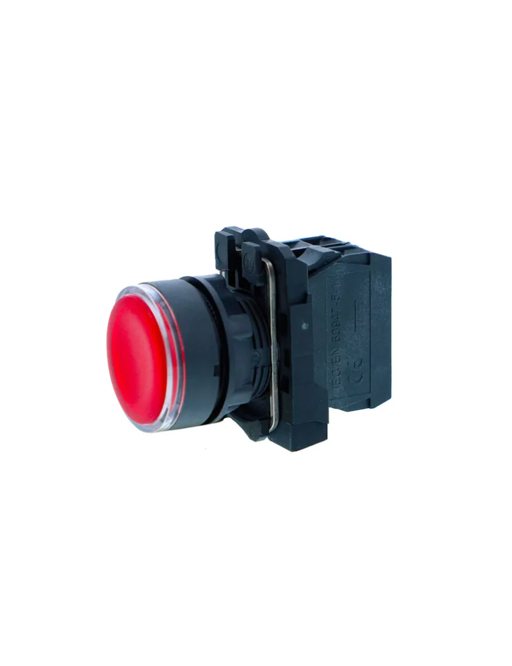 Illuminated pushbutton, Harmony XB5N XB7N, plastic, flush, red, 22mm, spring return, 230V AC, 1 NC