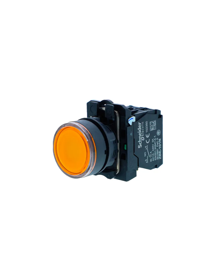 Illuminated pushbutton, Harmony XB5N XB7N, plastic, flush, amber, 22mm, spring return, 230V AC, 1 NO