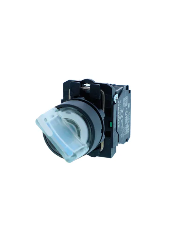 Ill selector switch, Harmony XB5N XB7N, plastic, white, 22mm, short handle, 3 pos, spring return middle, 230V AC, 2 NO