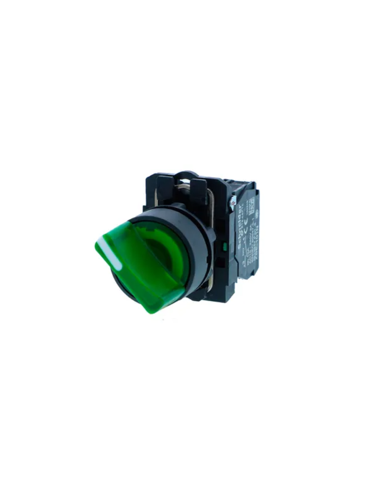 Ill selector switch, Harmony XB5N XB7N, plastic, green, 22mm, short handle, 3 pos, spring return middle, 230V AC, 2 NO