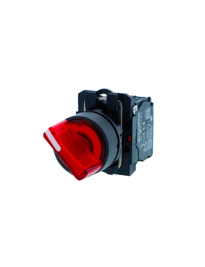 Ill selector switch, Harmony XB5N XB7N, plastic, red, 22mm, short handle, 3 position, stay put, 24V AC DC, 1NC 1NO