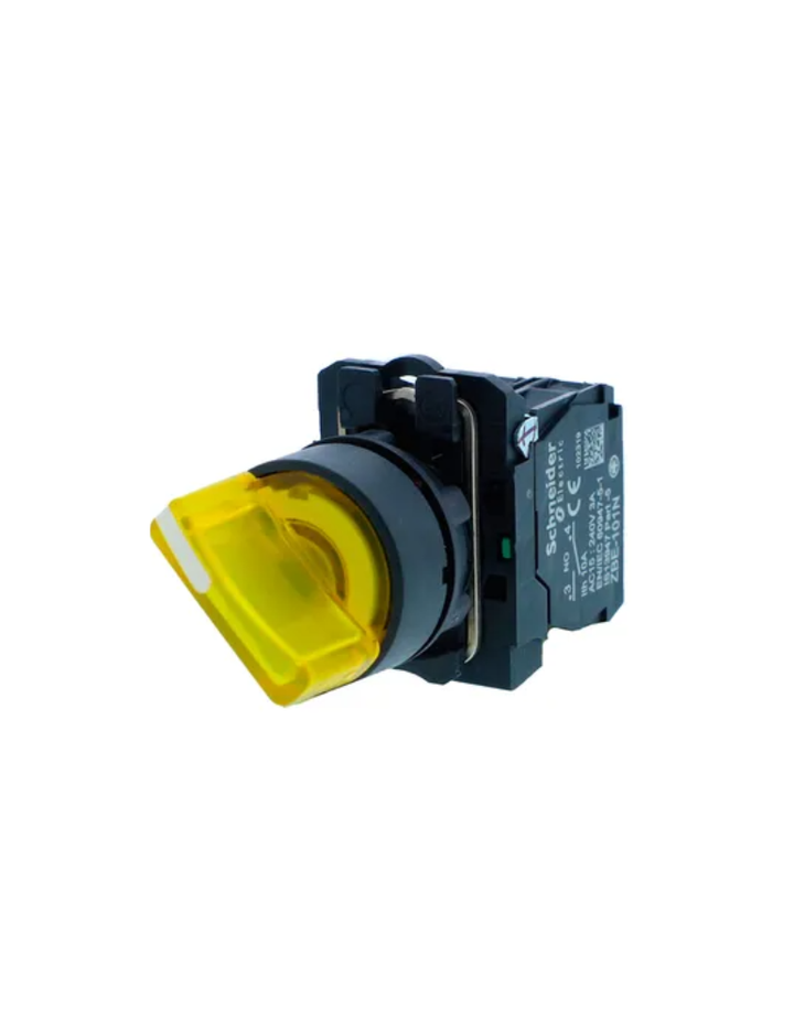 Ill selector switch, Harmony XB5N XB7N, plastic, yellow, 22mm, short handle, 3 pos, spring return middle, 230V AC, 2 NO