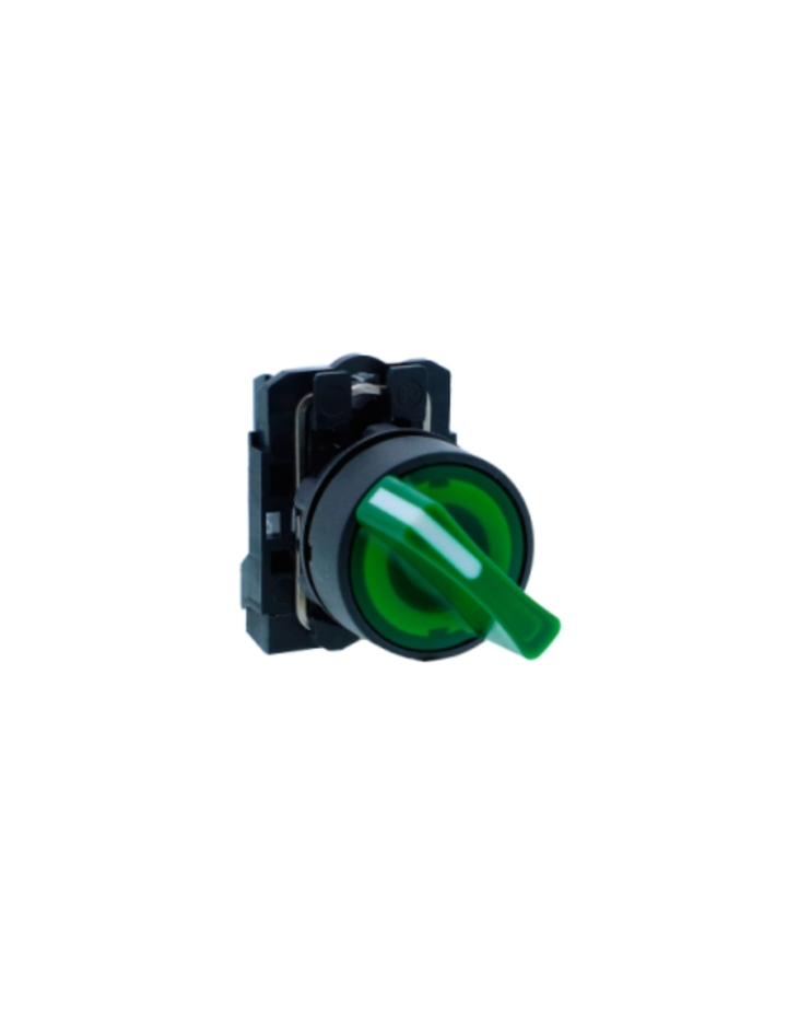 Ill selector switch, Harmony XB5N XB7N, plastic, green, 22mm, short handle, 2 pos, spring return to left, 24V AD DC, 1NO