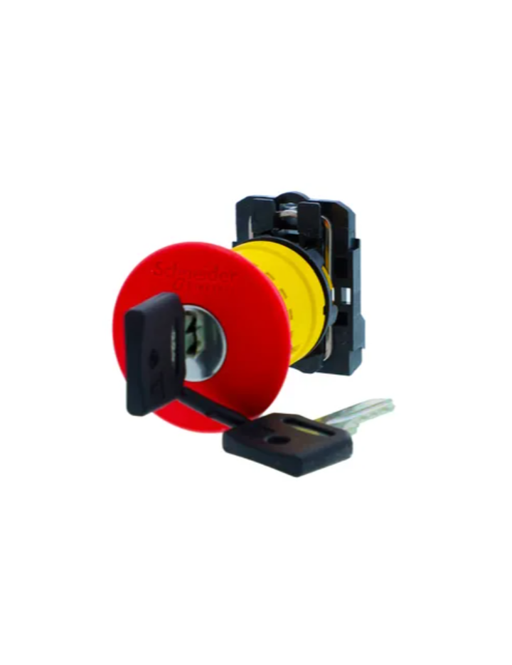 Key emergency stop push button, Harmony XB5N XB7N, plastic, red, 40mm, key release, trigger latching, 1 NO 1NC