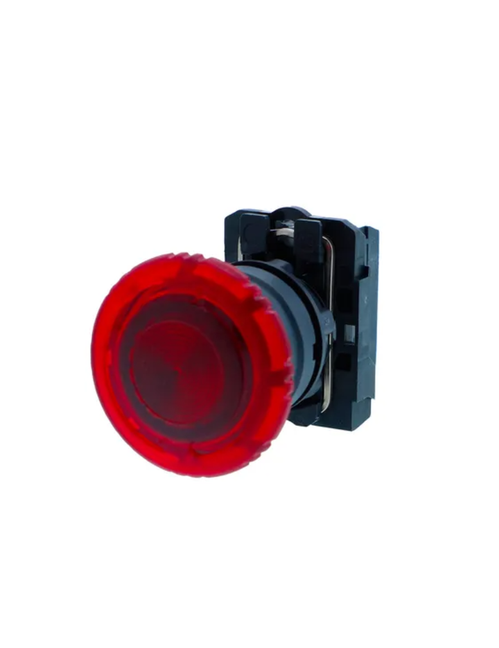Illuminated emergency switching off push button, Harmony XB5N XB7N, plastic, red, 40mm, turn to release, 24V AC DC, 1 NC