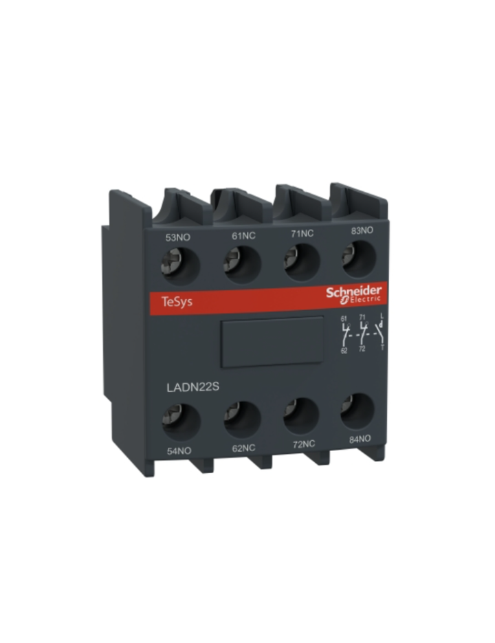 Auxiliary contact block, TeSys D, 2NO + 2NC, front mounting, screw-clamps terminals, red front face