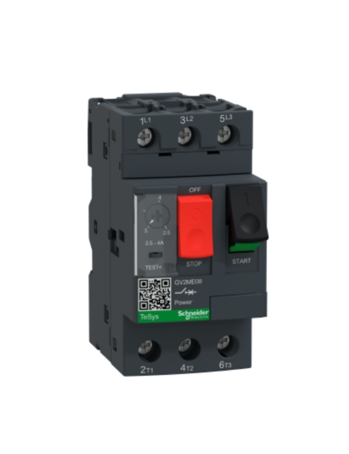 GV2ME;TeSys GV;motor circuit breaker;motor protection;thermal magnetic protection;high breaking capacity;pushbutton control;screw clamp terminals
