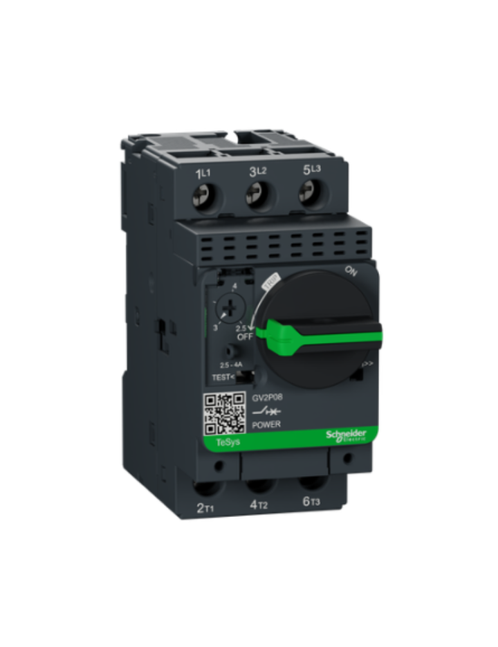 GV2P;TeSys GV;motor circuit breaker;motor protection;thermal magnetic protection;high breaking capacity;rotary handle;screw clamp terminals