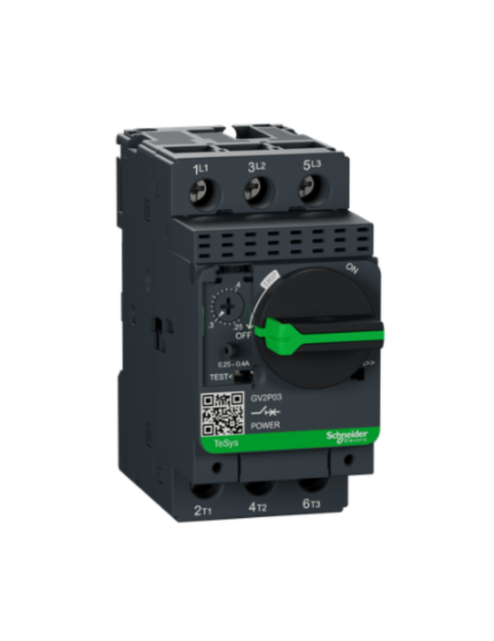 GV2P;TeSys GV;motor circuit breaker;motor protection;thermal magnetic protection;high breaking capacity;rotary handle;screw clamp terminals