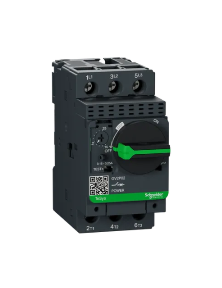 GV2P;TeSys GV;motor circuit breaker;motor protection;thermal magnetic protection;high breaking capacity;rotary handle;screw clamp terminals
