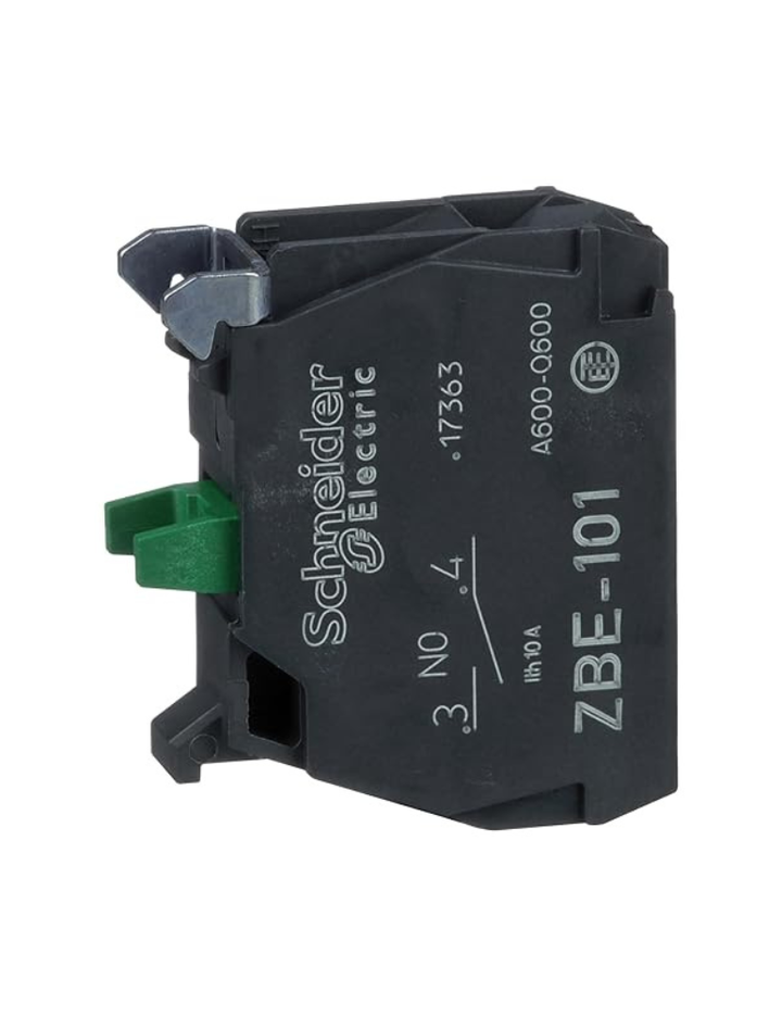 Schneider Electric, contact block with protected terminals, Harmony XB4, single contact, standard contact, captive screw clamp terminals, 1NO, ZBE101N