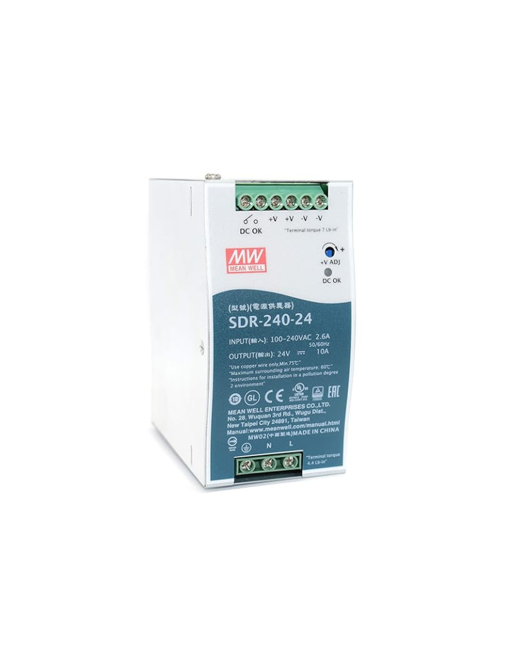 MEAN WELL SDR-240-24 240W 10A 24VDC Single Output DIN Rail Power Supply with PFC Function (SDR Series High Efficiency UL 508 Approved)