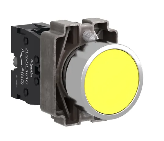 Complete push button, Easy Harmony XB2, metal, flush, yellow, 22mm, spring return, unmarked, 1NO