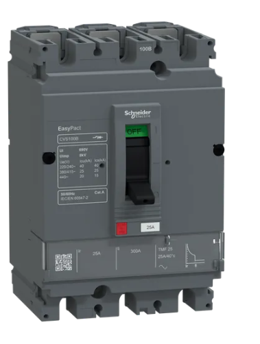 circuit breaker, EasyPact CVS100B, 25kA at 415VAC, 25A, TMF trip unit, 3P3d, FTFM
