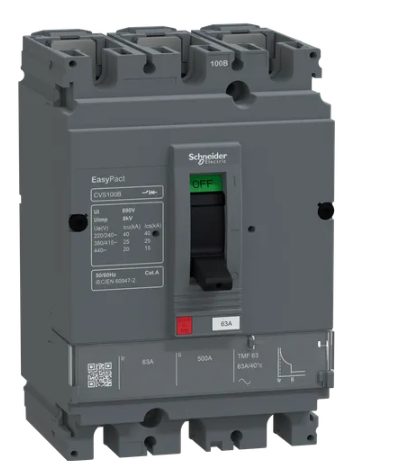 circuit breaker, EasyPact CVS100B, 25kA at 415VAC, 63A, TMF trip unit, 3P3d, FTFM