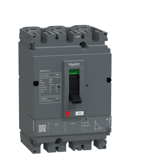 circuit breaker, EasyPact CVS100B, 25kA at 415VAC, 80A, TMF trip unit, 3P3d, FTFM