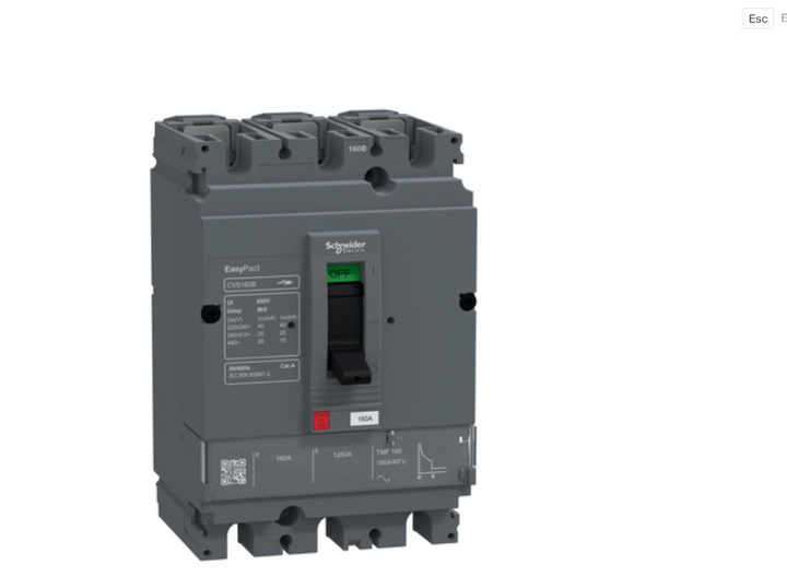 circuit breaker, EasyPact CVS160B, 25kA at 415VAC, 160A, TMF trip unit, 3P3d, FTFM