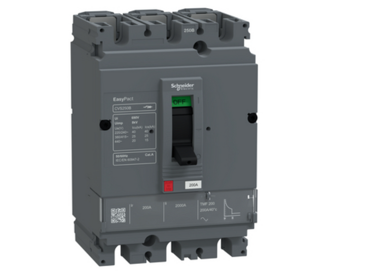circuit breaker, EasyPact CVS250B, 25kA at 415VAC, 200A, TMF trip unit, 3P3d, FTFM