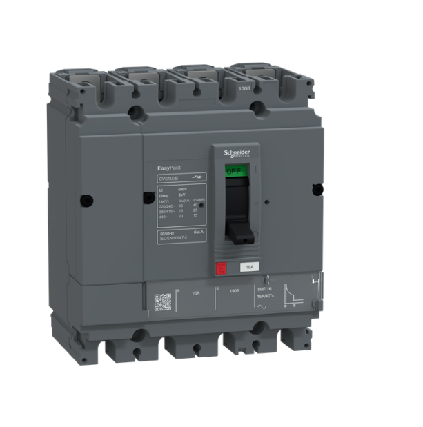 circuit breaker, EasyPact CVS100B, 25kA at 415VAC, 16A, TMF trip unit, 4P3d, FTFM