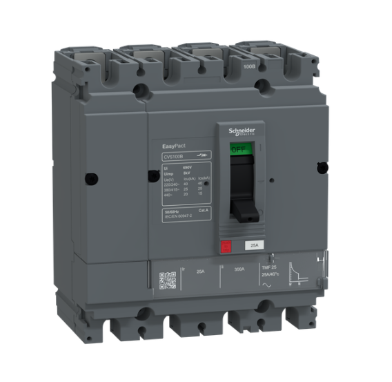 circuit breaker, EasyPact CVS100B, 25kA at 415VAC, 25A, TMF trip unit, 4P3d, FTFM