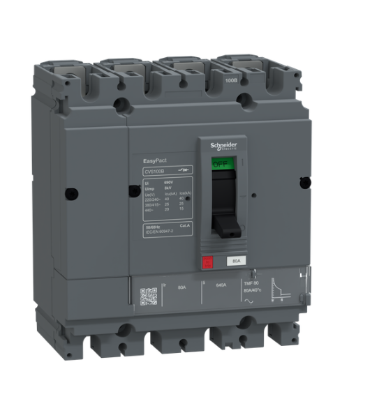 circuit breaker, EasyPact CVS100B, 25kA at 415VAC, 80A, TMF trip unit, 4P3d, FTFM