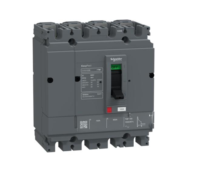 circuit breaker, EasyPact CVS100B, 25kA at 415VAC, 100A, TMF trip unit, 4P3d, FTFM