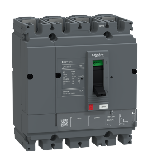 circuit breaker, EasyPact CVS250B, 25kA at 415VAC, 200A, TMF trip unit, 4P3d, FTFM