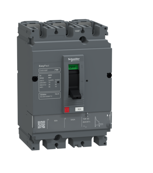 circuit breaker, EasyPact CVS100F, 36kA at 415VAC, 80A, TMF trip unit, 3P3d, FTFM