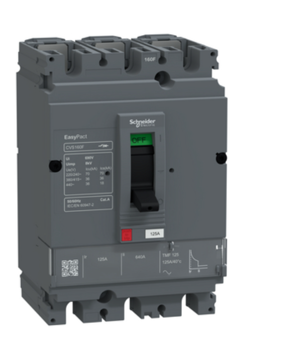 circuit breaker, EasyPact CVS160F, 36kA at 415VAC, 125A, TMF trip unit, 3P3d, FTFM